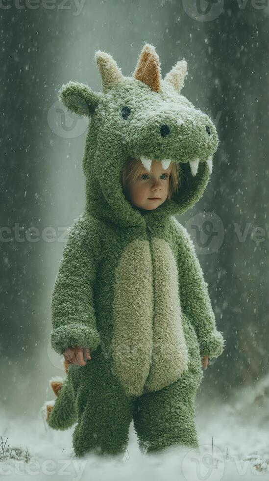 Child dressed in a cozy dinosaur costume playing in a snowy forest during winter photo