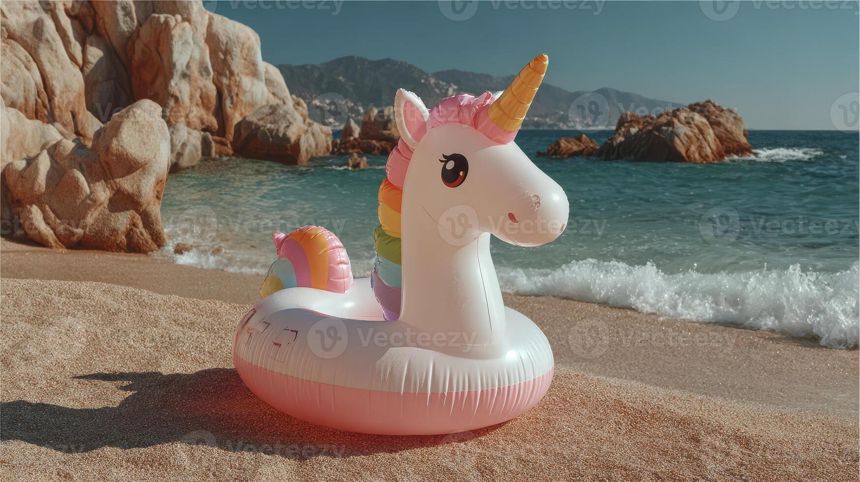 Colorful unicorn float rests on sandy beach near clear blue water under sunlight in a coastal destination photo