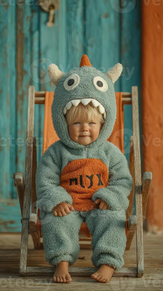 Child in cute monster costume sitting in deck chair against colorful background in a sunny outdoor setting photo