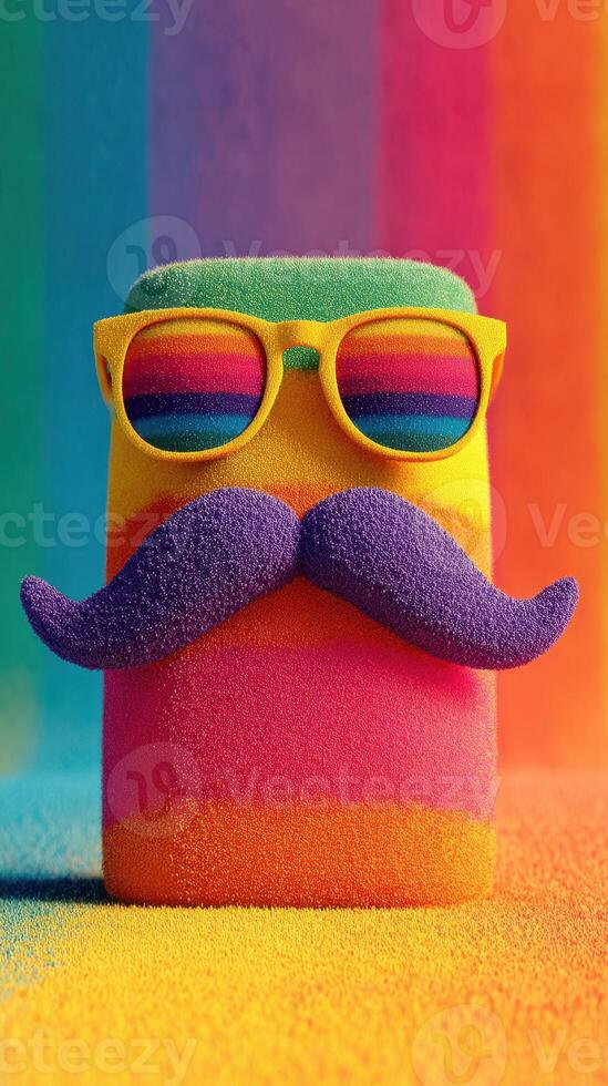 Colorful sponge character with glasses and mustache on a vibrant background showcasing rainbow hues photo