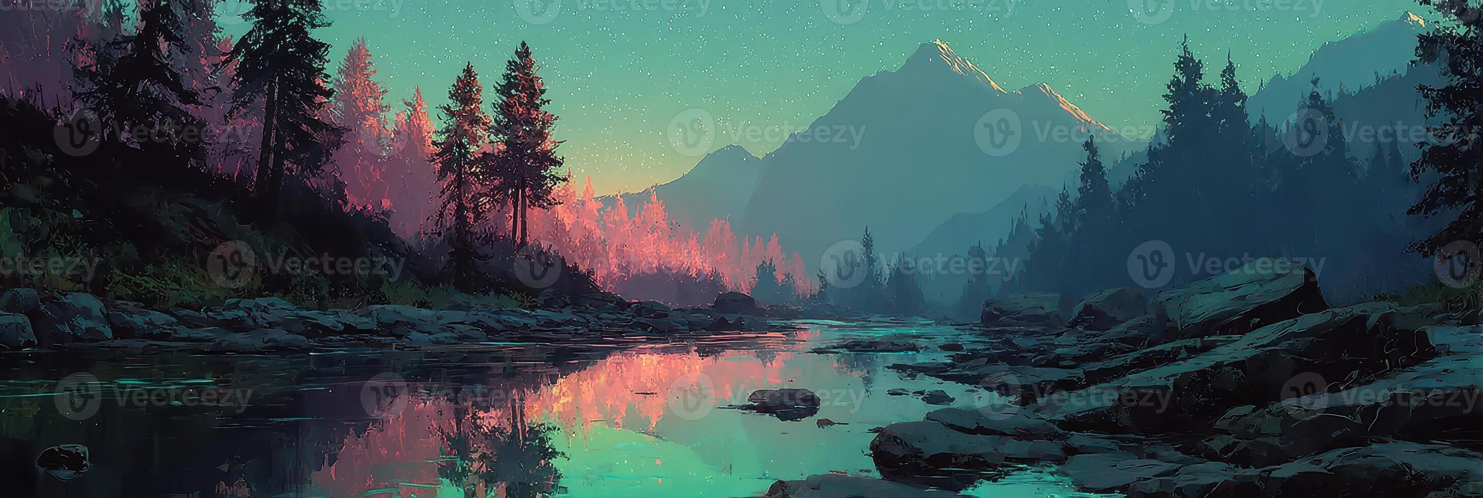 Majestic sunset reflecting off the tranquil river surrounded by mountains and forests at twilight photo