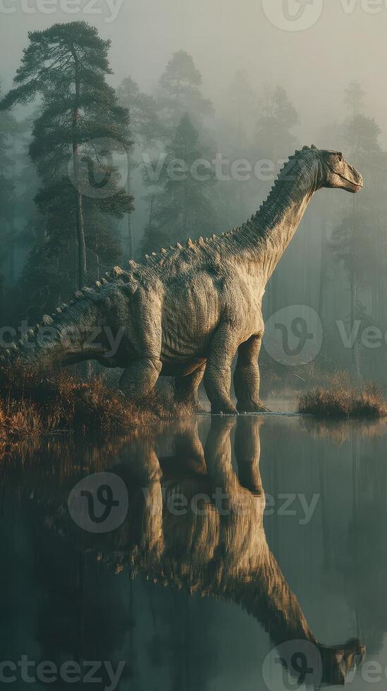 Large dinosaur standing near calm water with a misty forest backdrop at dawn photo