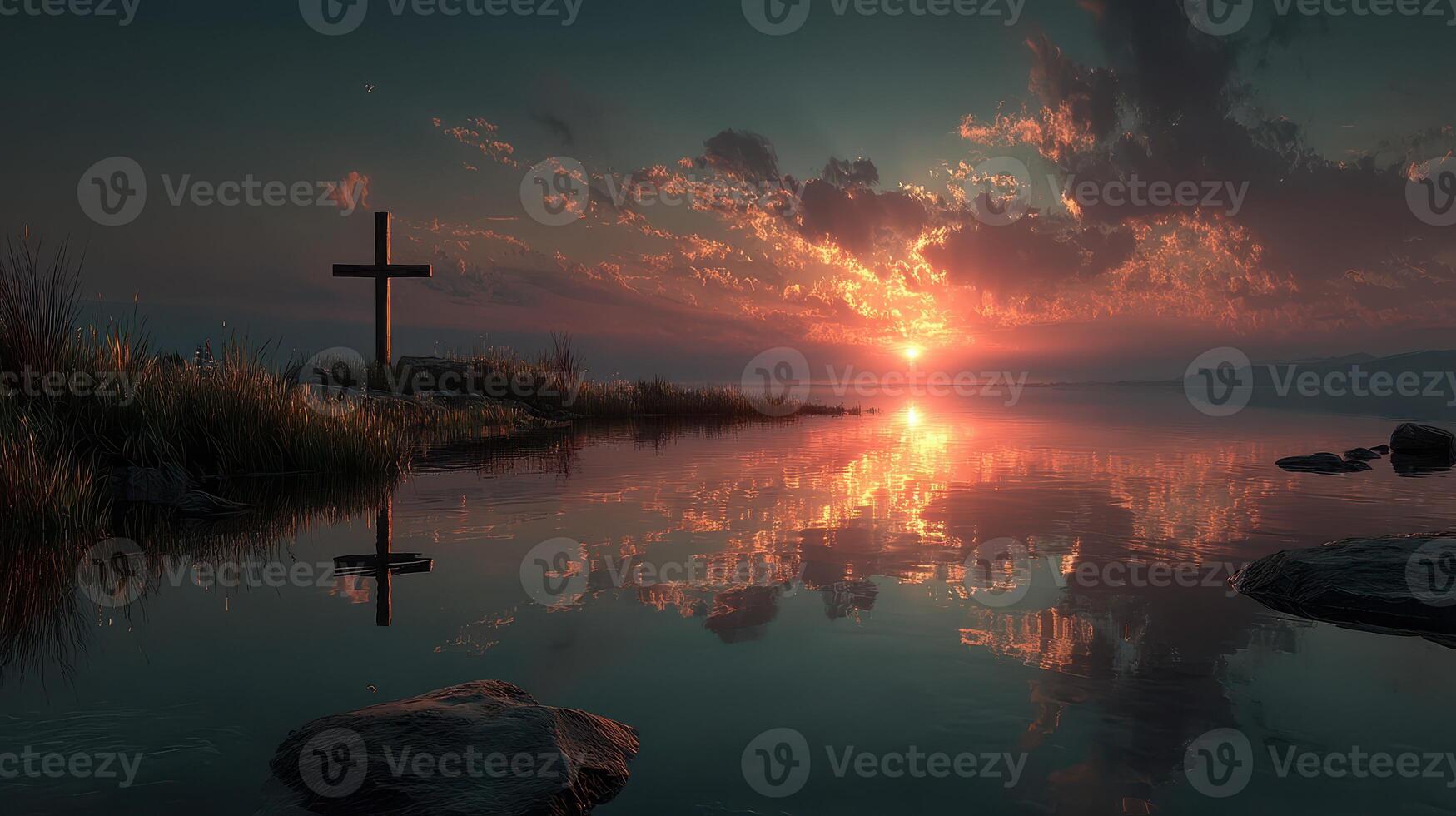 Sunset reflections over calm water with a cross by the shore photo