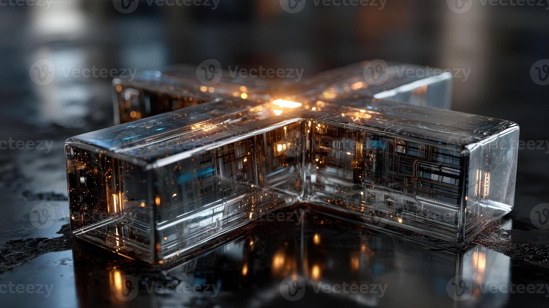Modern abstract artwork featuring a transparent cross design illuminated with intricate lighting details photo