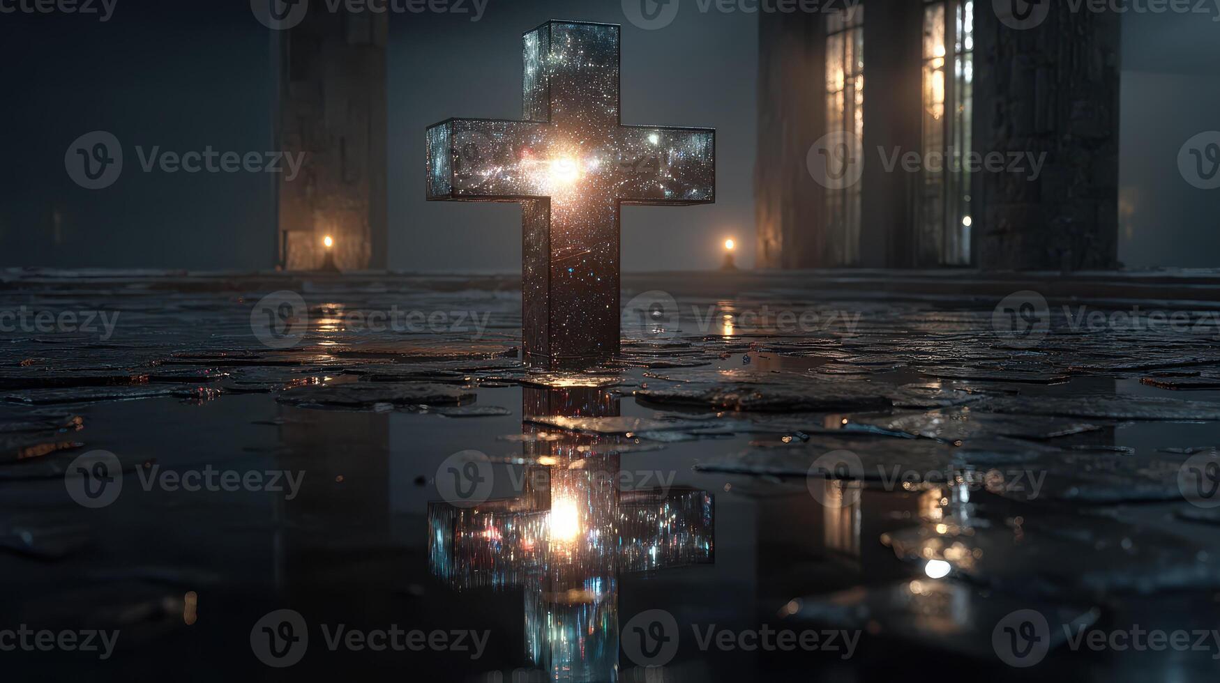 Mysterious illuminated cross shines in dark, reflective environment during late evening hours photo