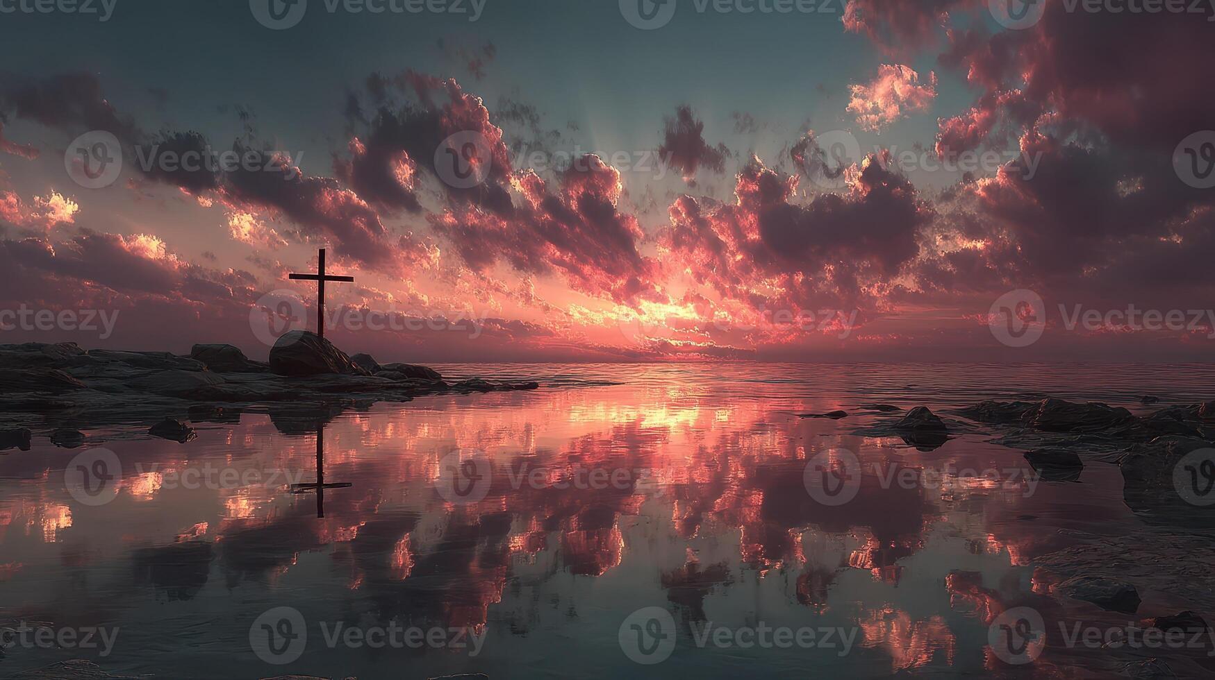Sunset view over calm waters with reflection of clouds and cross at a serene coastal location photo