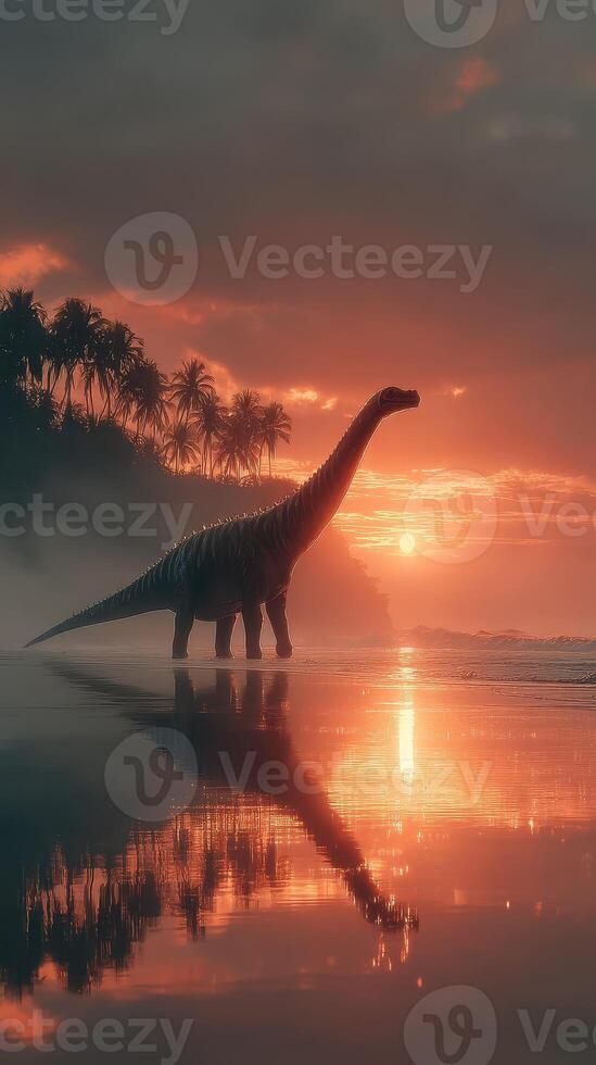 Dinosaur walks along the beach at sunset with palm trees silhouetted in the background photo