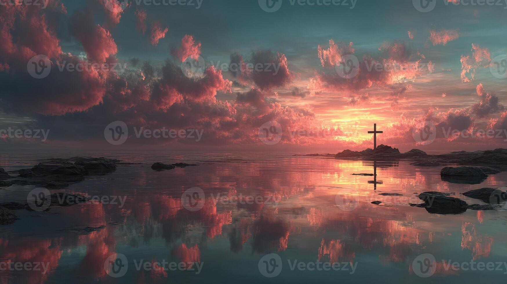 Sunset over calm waters reflects cross on rocky shore in serene landscape photo