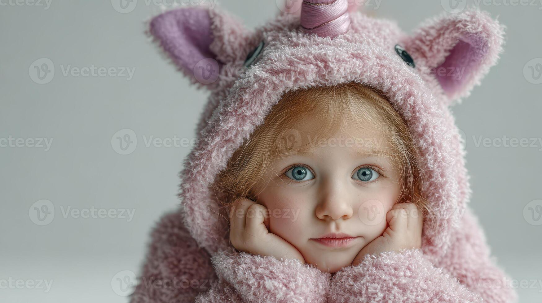 Child in pink unicorn costume with fluffy texture expressing thoughtfulness indoors during a calm moment photo