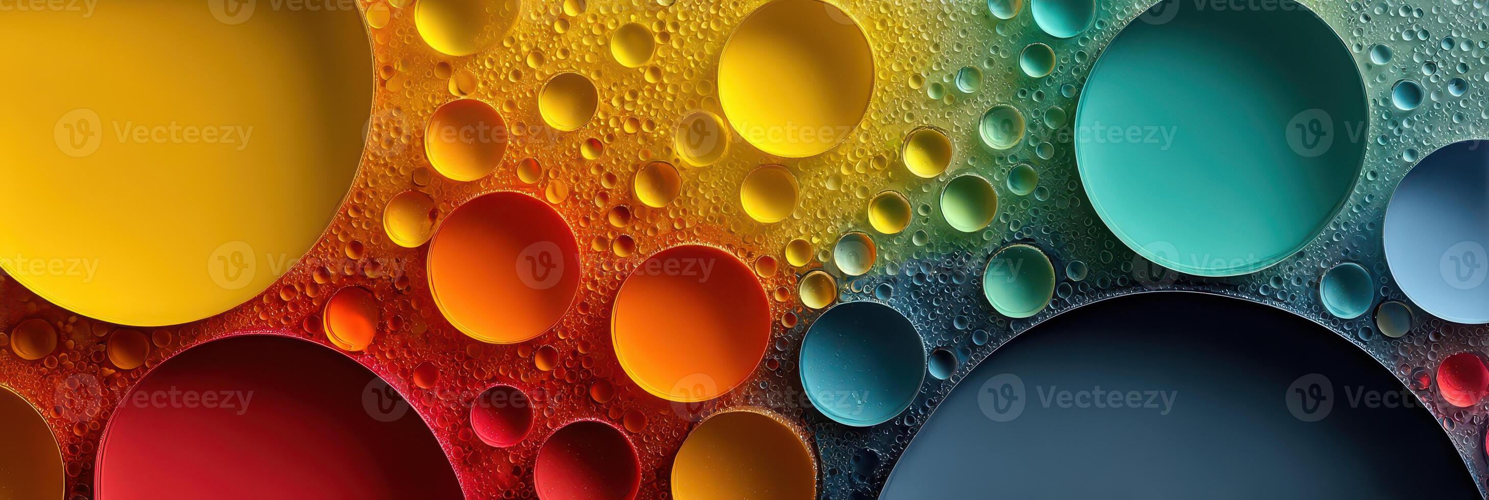 Colorful abstract design featuring bubbles and circles on a textured background of yellow, orange, green, and blue photo
