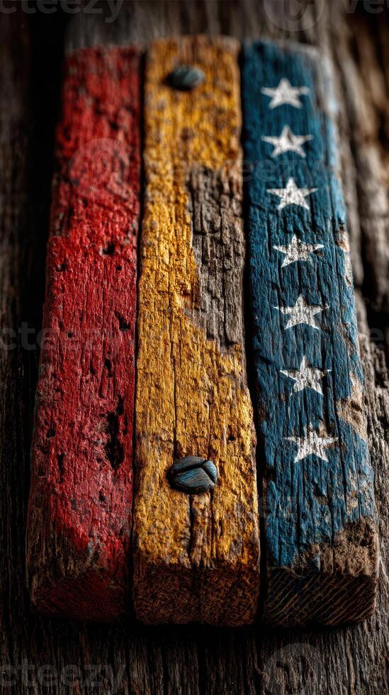 Wooden planks painted in red, yellow, and blue colors with stars reminiscent of flags from different nations photo