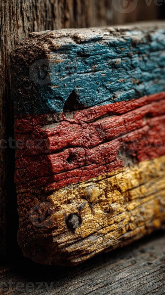 Weathered wooden plank with vibrant colors representing a flag, showcasing texture and aging in natural light photo