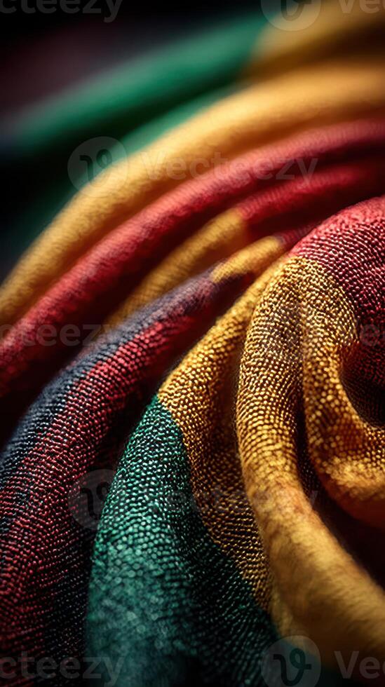 Vibrant textile fabric in rich red, green, and gold, showcasing intricate woven patterns in a bright daytime setting photo