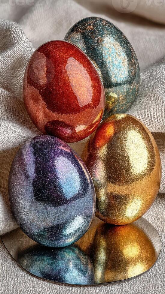 Festive display of metallic eggs arranged elegantly on a soft cloth surface during a spring celebration photo