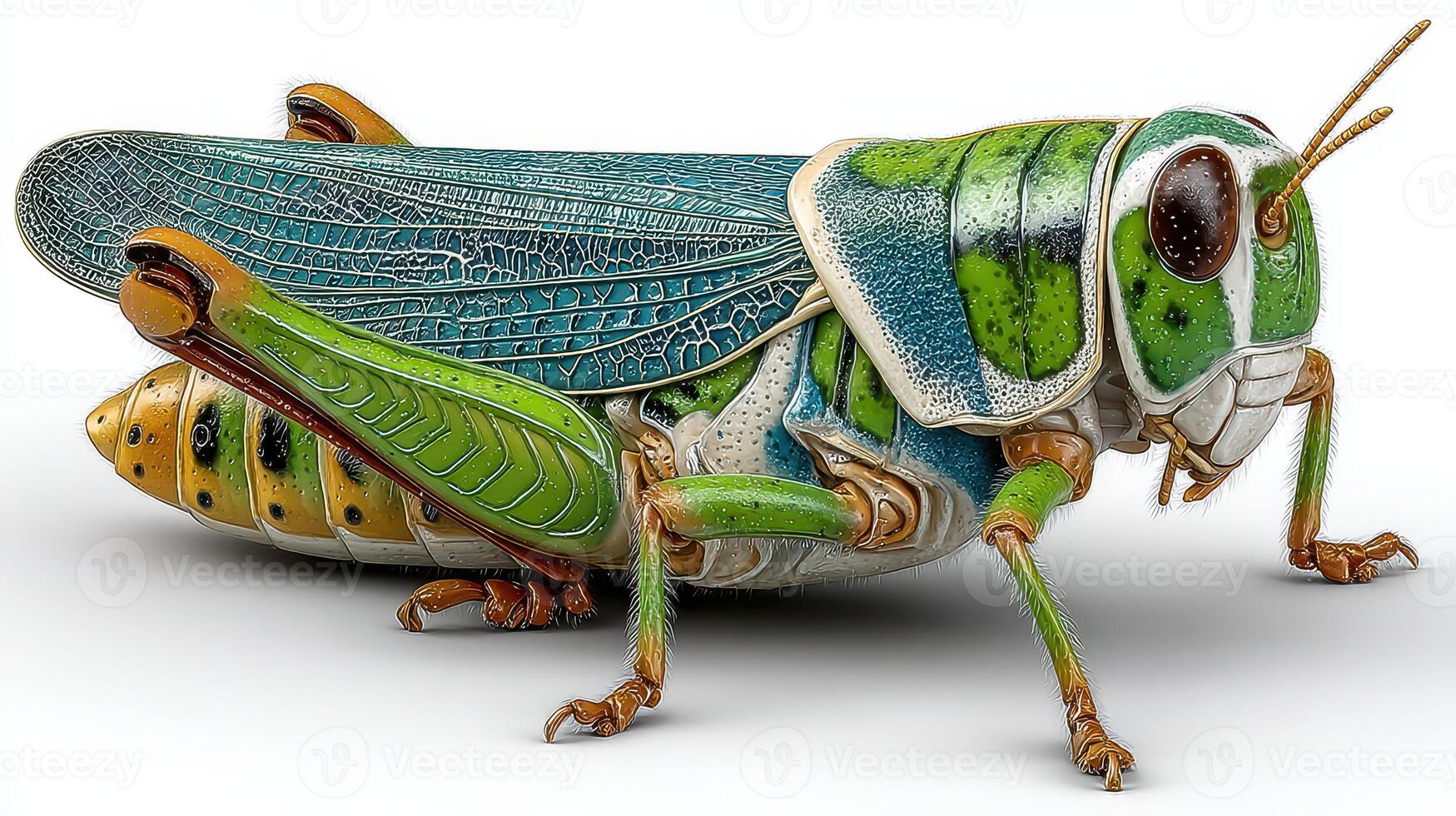 Colorful grasshopper resting on a surface showcasing its vibrant patterns and detailed features in nature photo