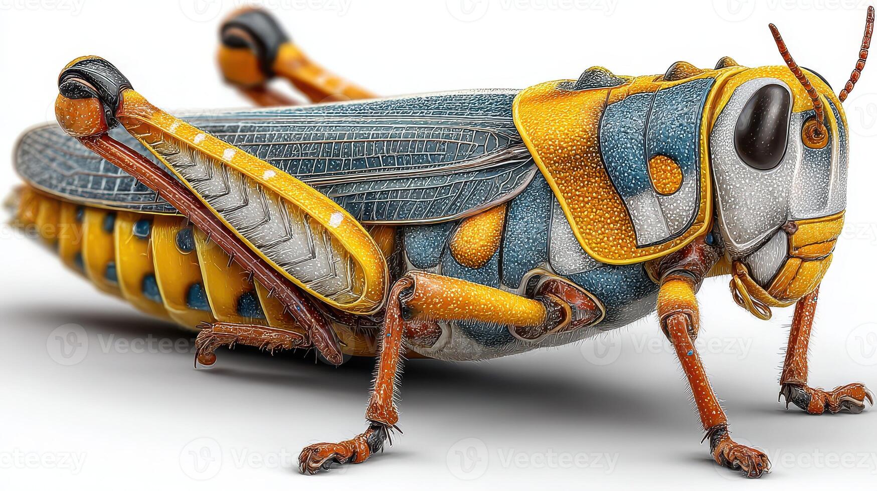 Colorful grasshopper showcasing intricate details in vibrant colors during a sunny afternoon photo