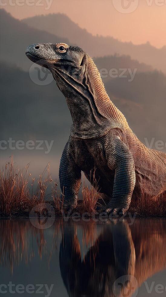 Lizard basking by the tranquil lake at sunset in a serene natural landscape photo