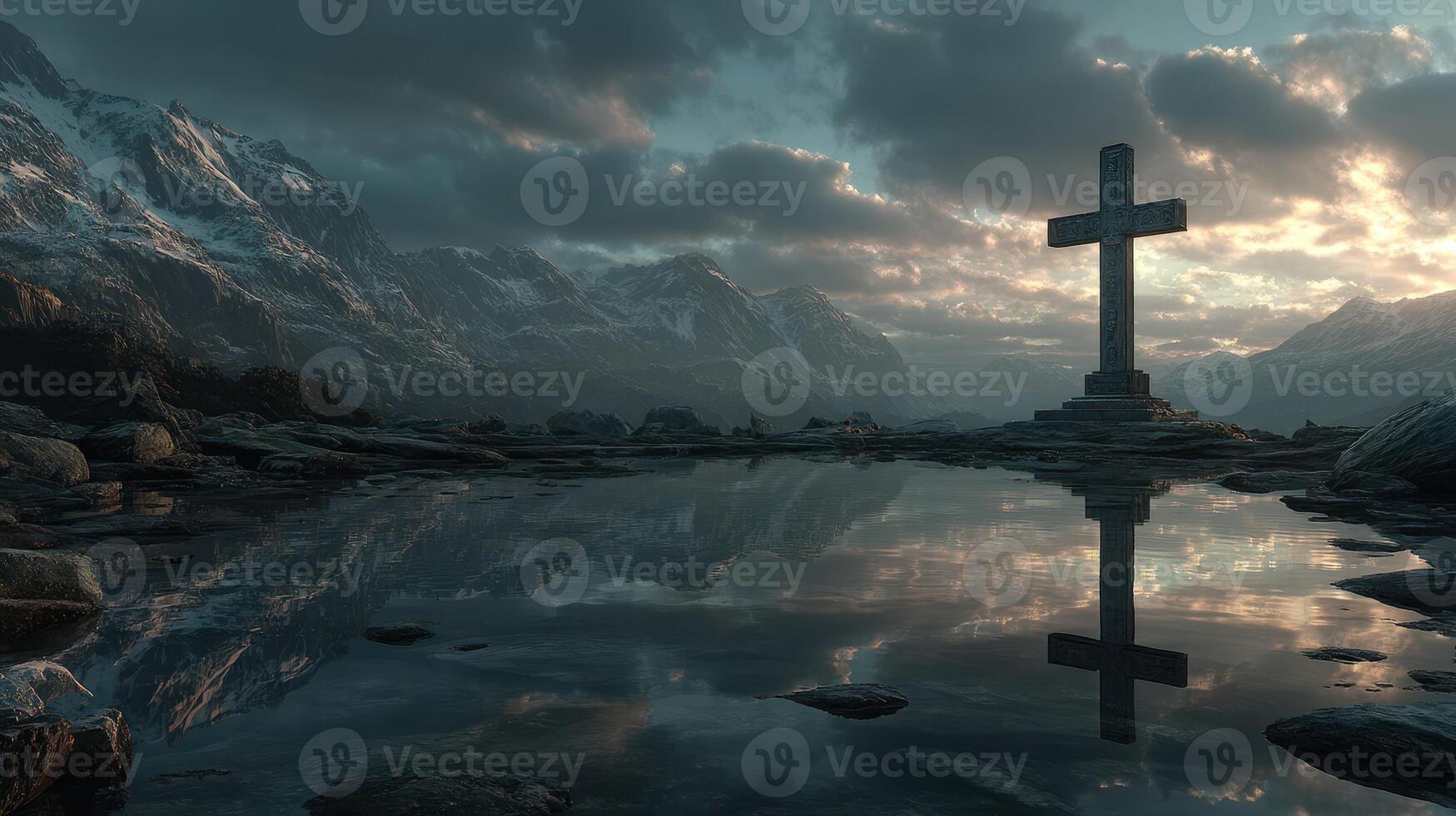 Mountain cross reflected in calm water at sunset, showcasing dramatic clouds and serene landscape photo