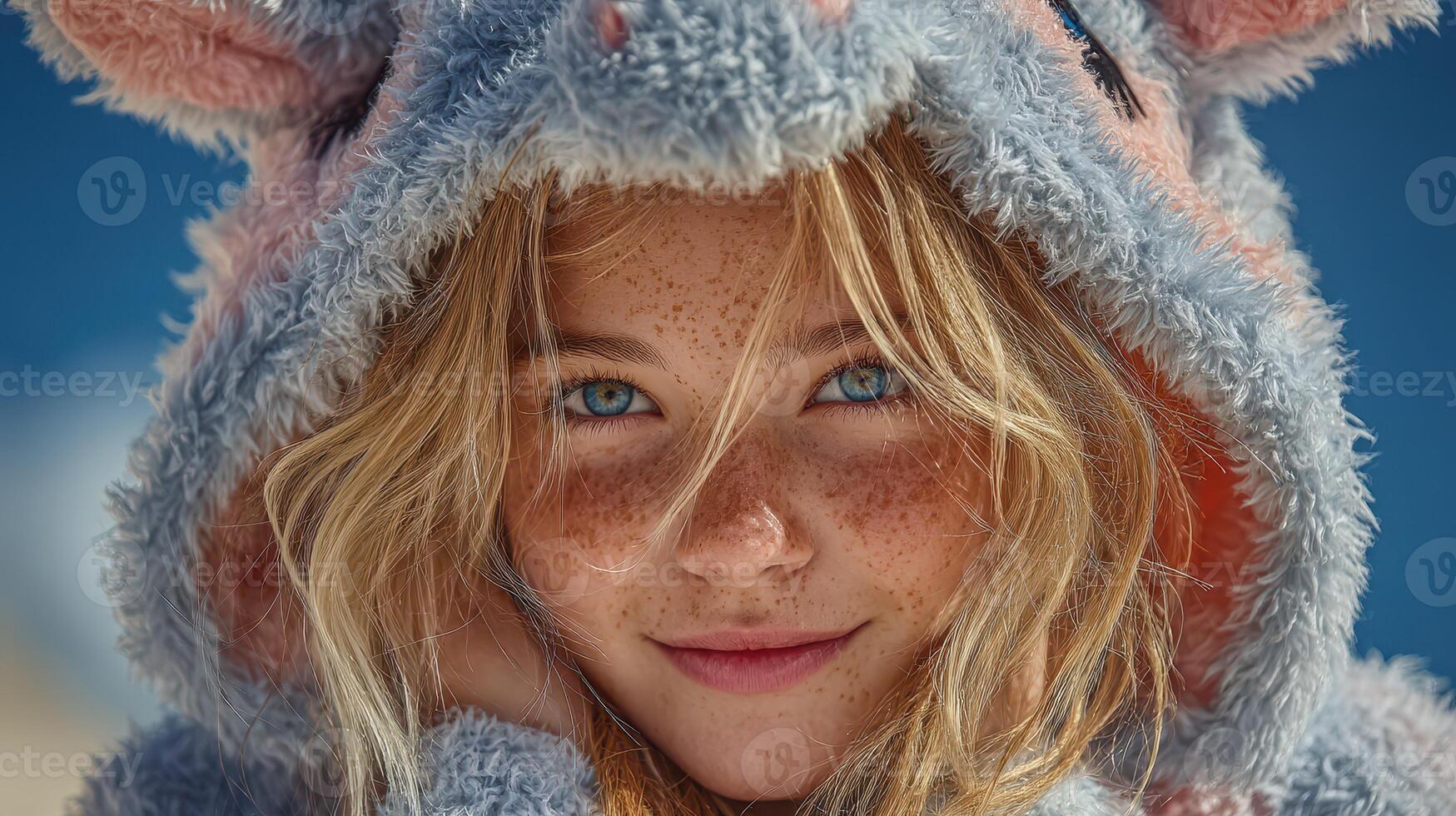 Girl in a cozy animal hoodie enjoying the outdoors with a playful expression and bright blue eyes photo