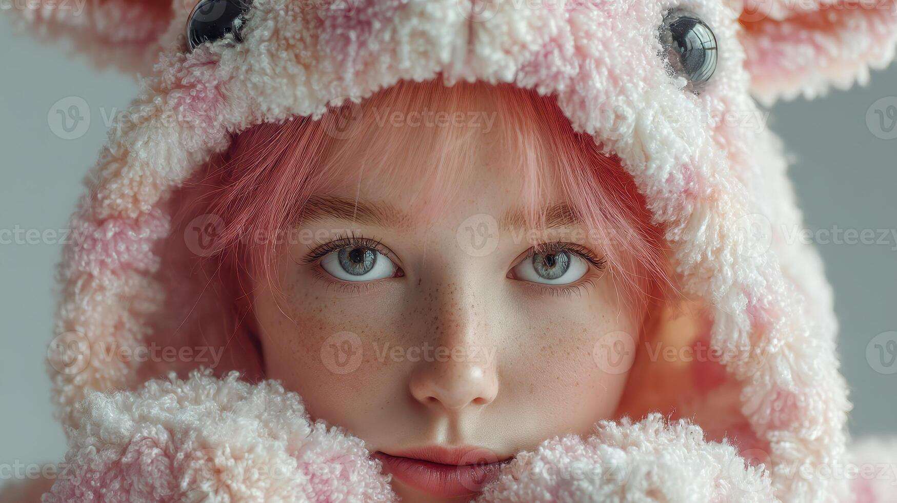 Young girl in soft pink bunny hoodie gazes with striking blue eyes, showcasing playful innocence and charm in cozy indoor setting photo