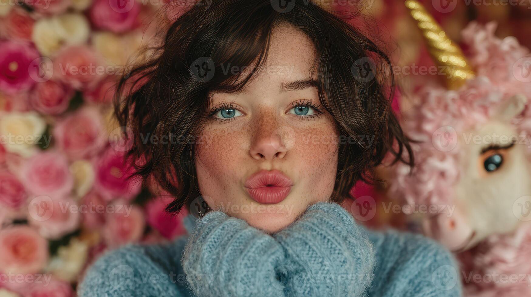 Young woman with short hair and blue sweater making a playful expression in a floral backdrop at a cozy indoor setting photo