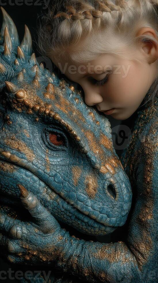 Child embraces a dragon-like creature in a tender moment of connection and friendship in an imaginative fantasy setting photo