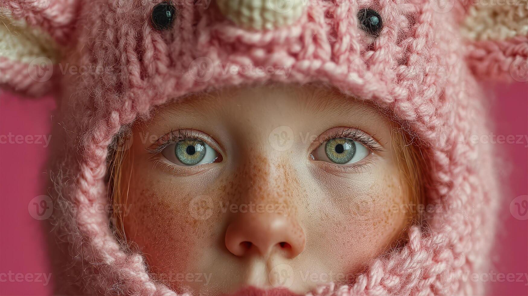 Young child wearing a pink knitted animal hat with large ears against a vibrant background presenting a cute and innocent look photo
