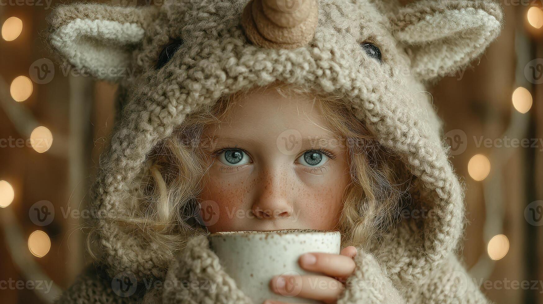 Cute child wearing a cozy unicorn hoodie holding a warm mug in a softly lit room with festive decorations photo