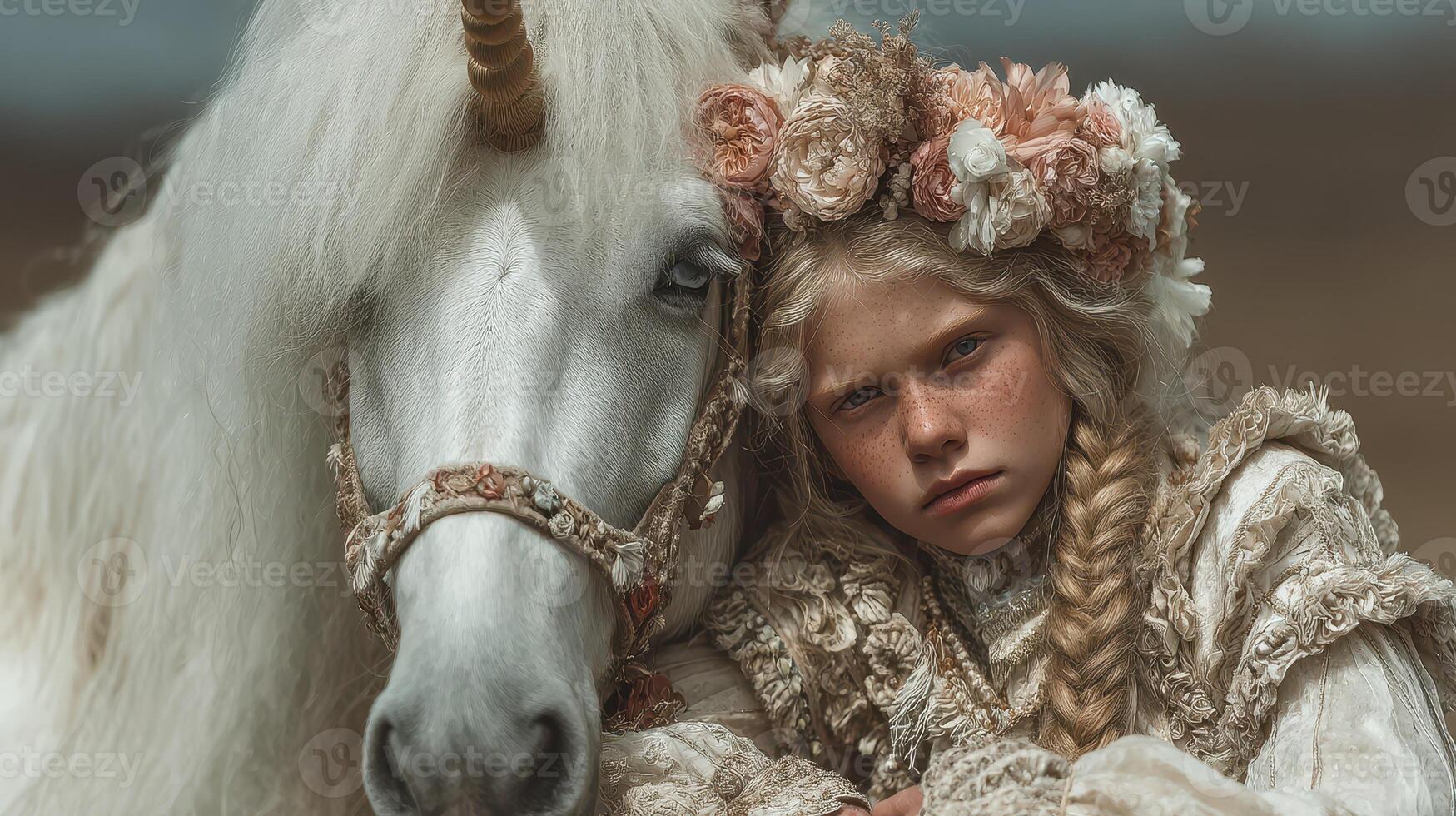 Girl in floral attire posing closely with a majestic unicorn against a serene natural landscape photo