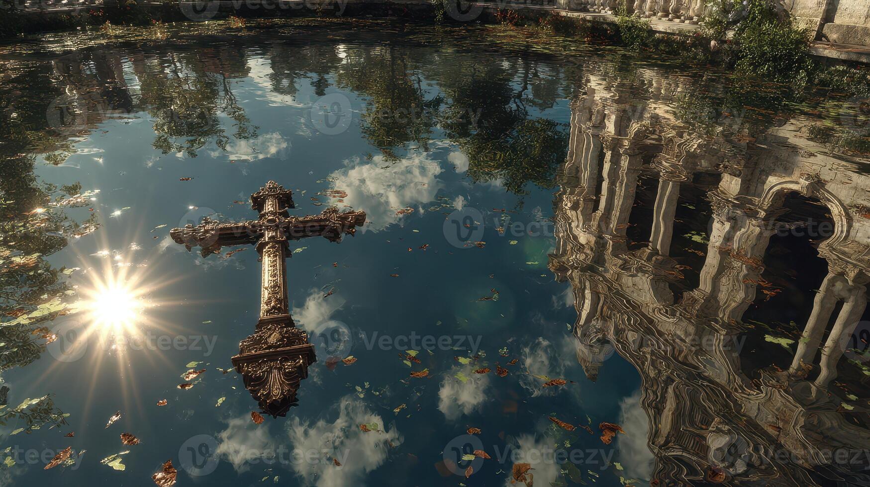 Reflections of an ancient cross in a serene pond surrounded by crumbling architecture photo