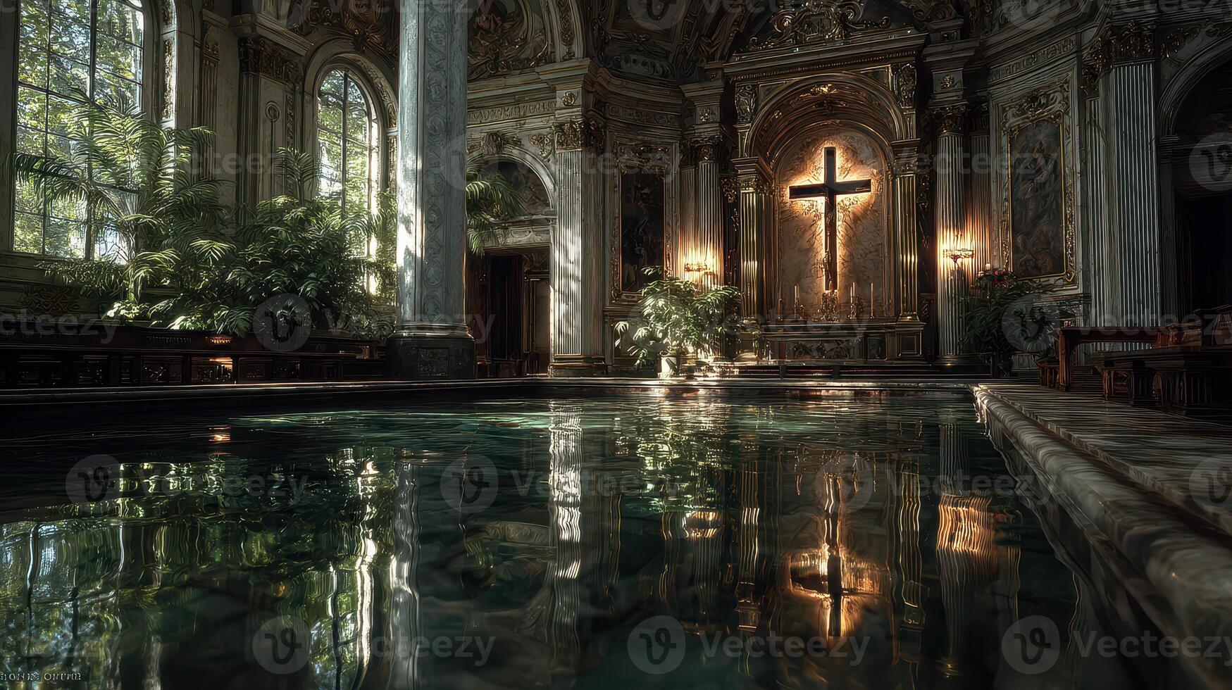 Beautiful interior of an ornate historical building featuring a serene pool and a large cross on display photo