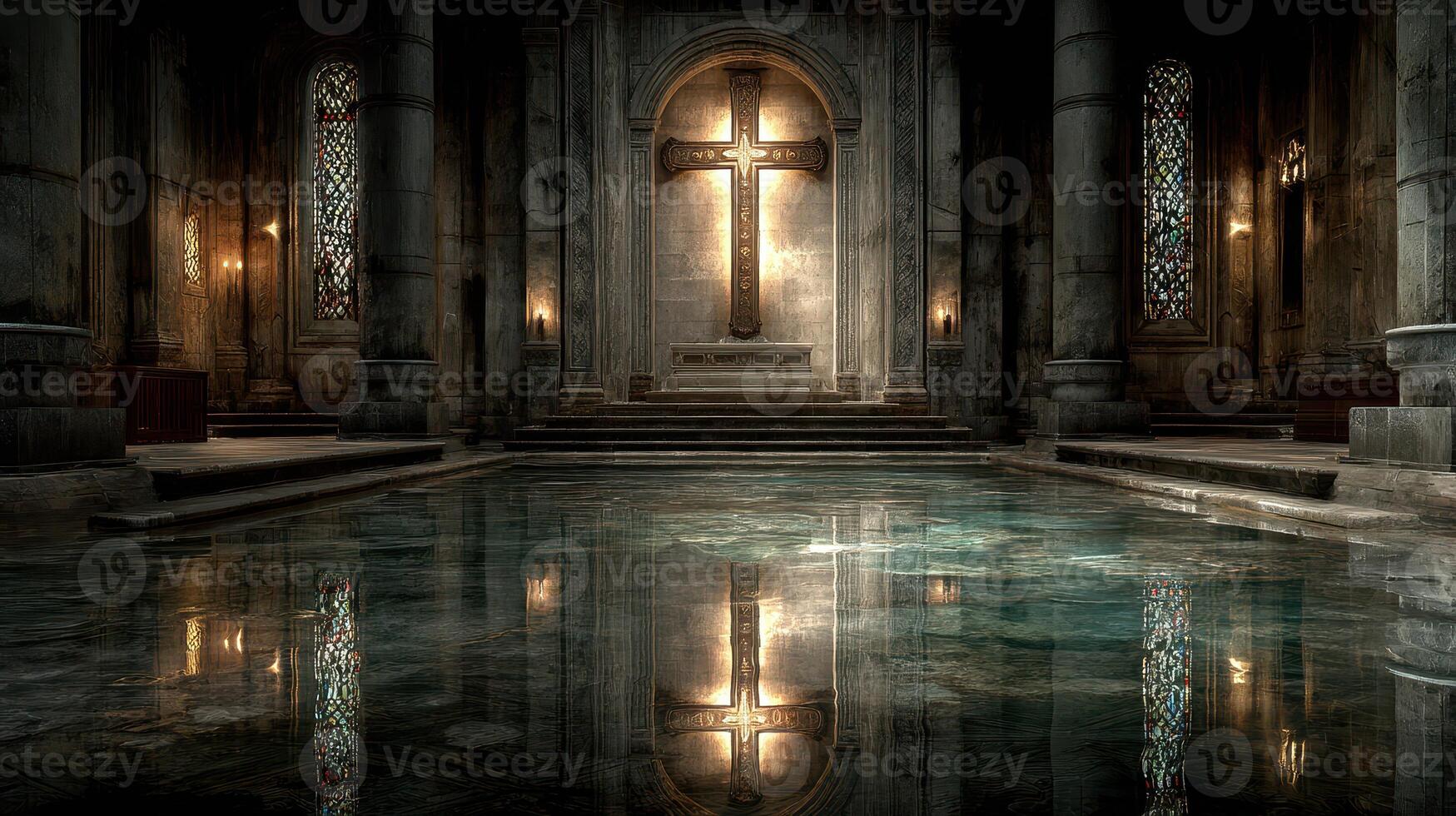 Mysterious interior of an ancient chapel with a reflective pool and illuminated cross at dusk photo