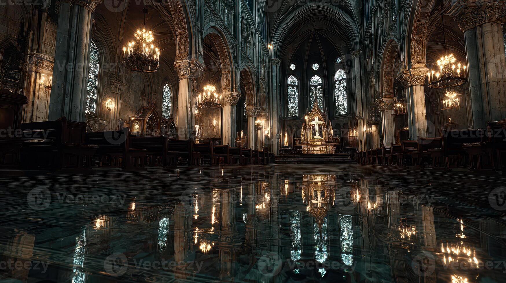 Elegant interior of a grand cathedral with ornate chandeliers and reflective floor captured during evening light photo