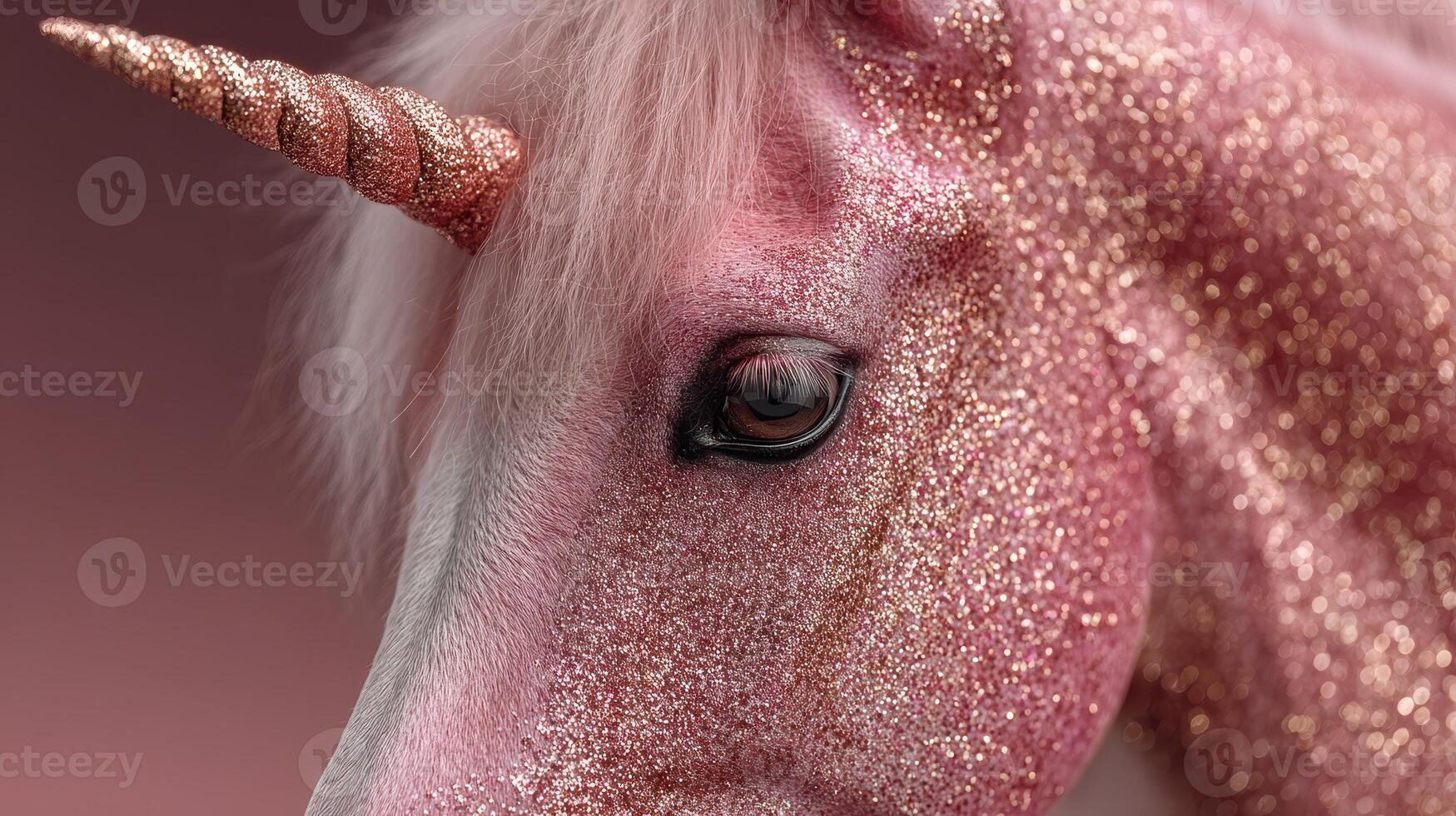Glittery unicorn head with a shimmering pink coat and golden horn set against a soft pastel background photo