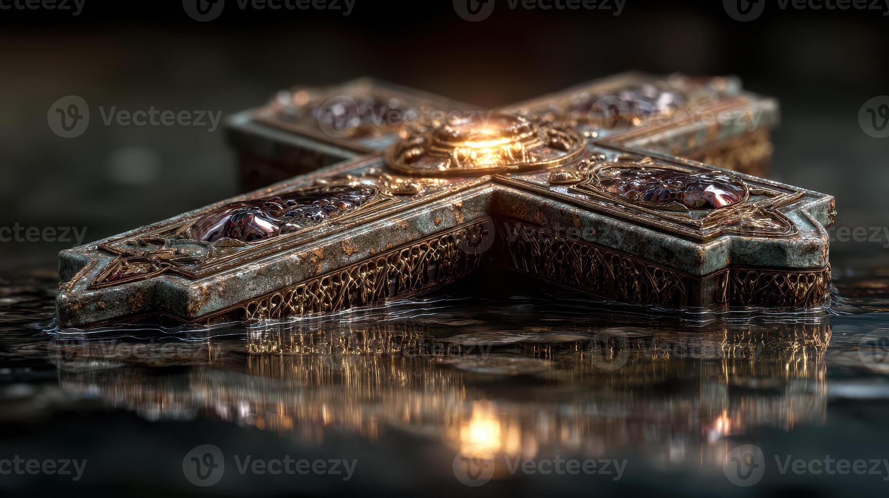 Intricate cross design resting on reflective surface during warm, ambient lighting photo