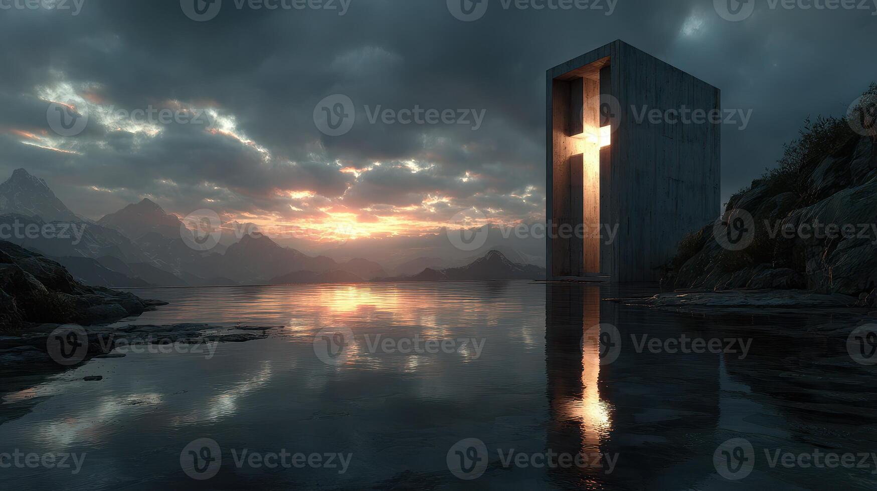 Sunset over modern cross structure by tranquil waters in a mountainous landscape photo