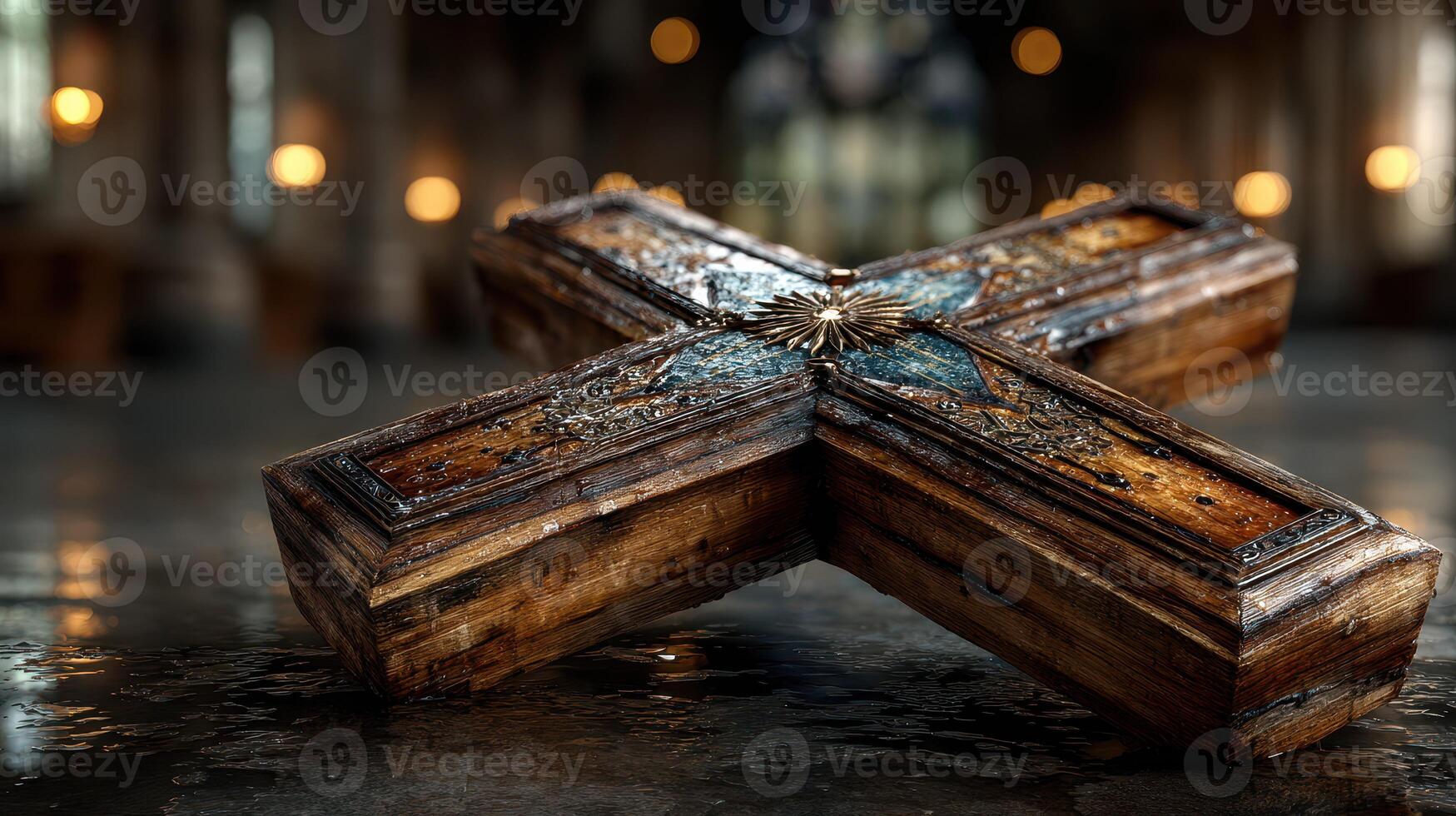 Intricate wooden cross design displayed on a reflective surface in an ornate cathedral setting during evening hours photo