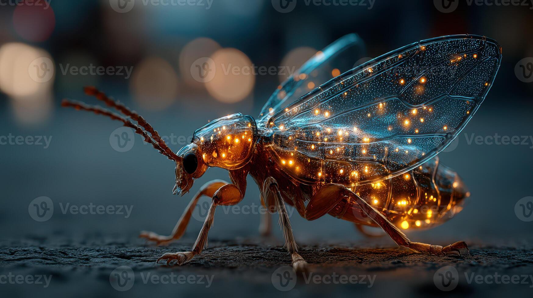 Insect with glowing features captured at dusk showcasing bioluminescence in a natural setting photo