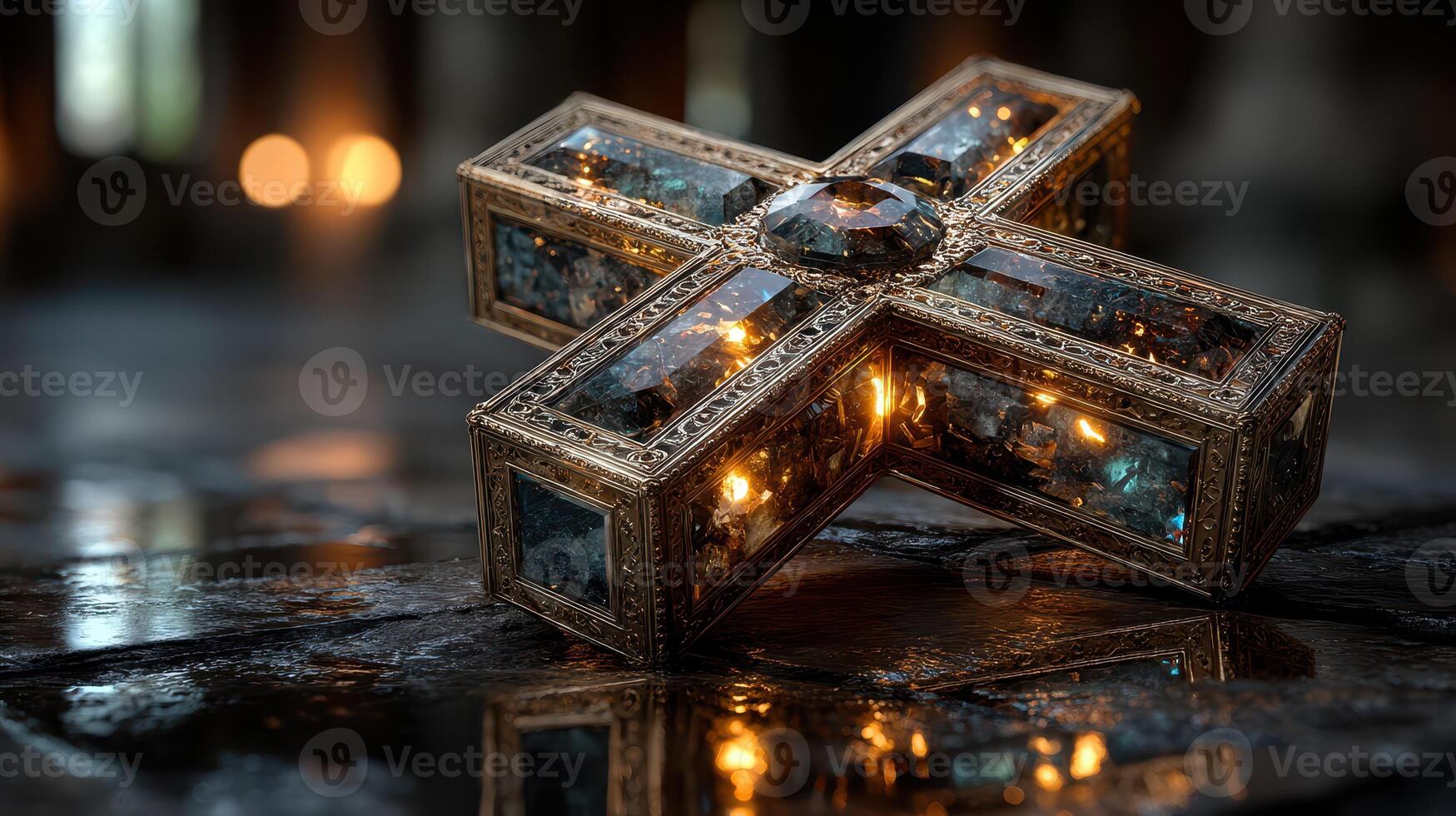 Intricate cross adorned with jewels and illuminated lights rests on a reflective surface in a dimly lit, historical setting photo