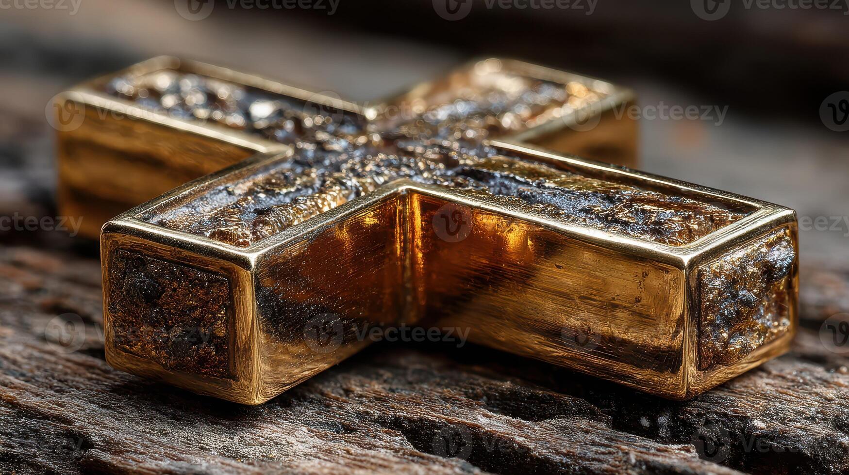 Detailed close-up of a gold and black cross resting on textured wood background adding an artistic touch to any setting photo