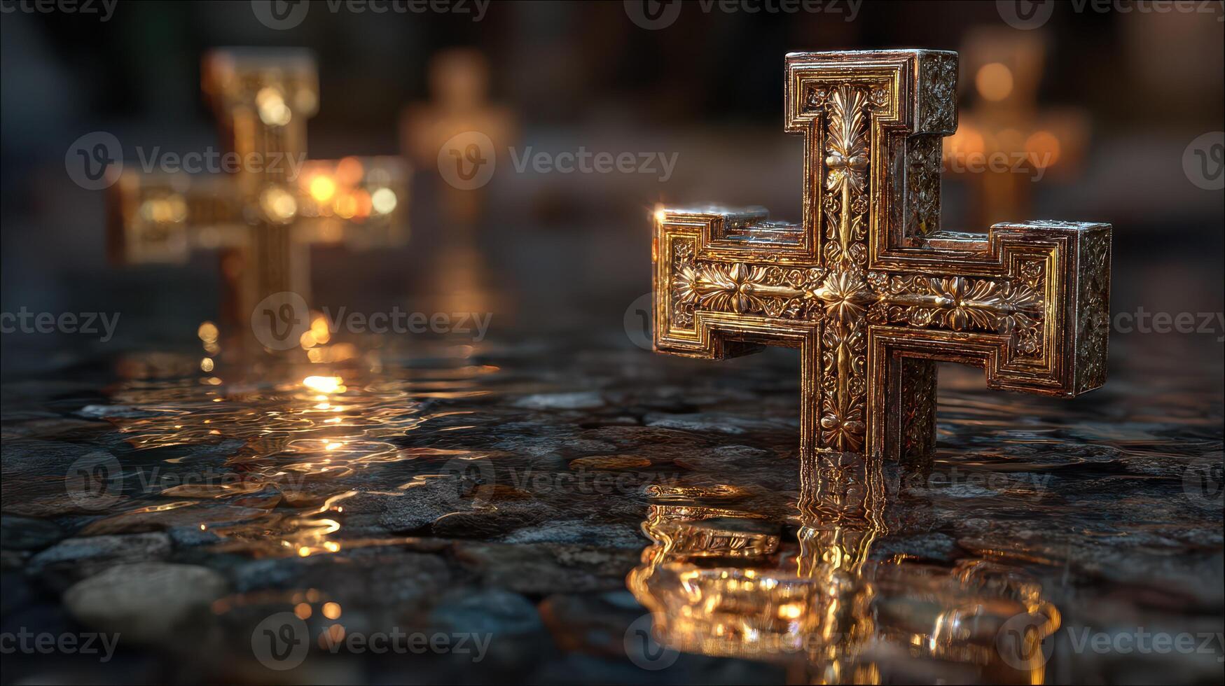 Shimmering golden crosses reflecting in tranquil water on a dark cobblestone surface photo