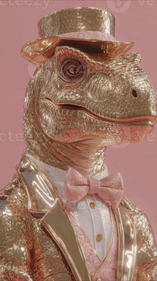 Stylish dinosaur in a shiny suit and top hat standing against a pink background during a quirky fashion event photo