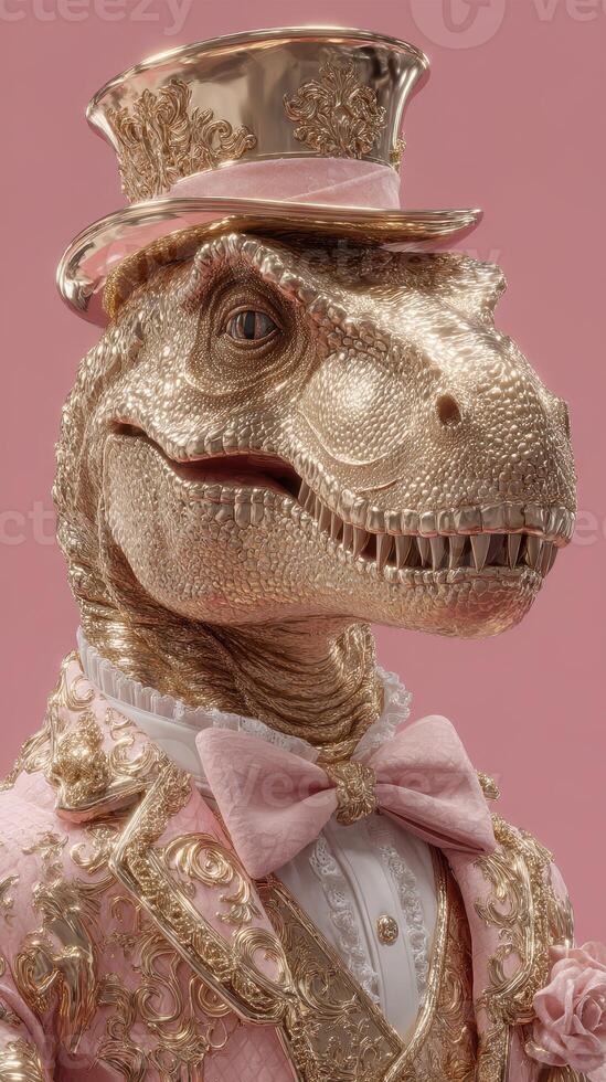 Extravagant dinosaur dressed in formal attire with intricate details against a pink background photo