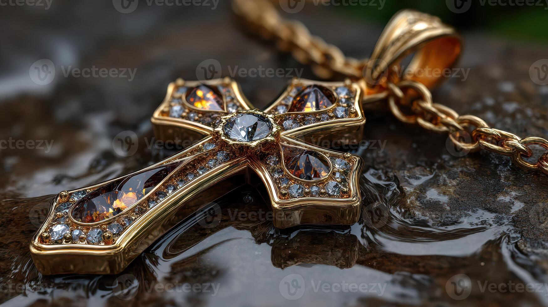 Intricate golden cross necklace resting on a wet stone surface under soft natural light photo