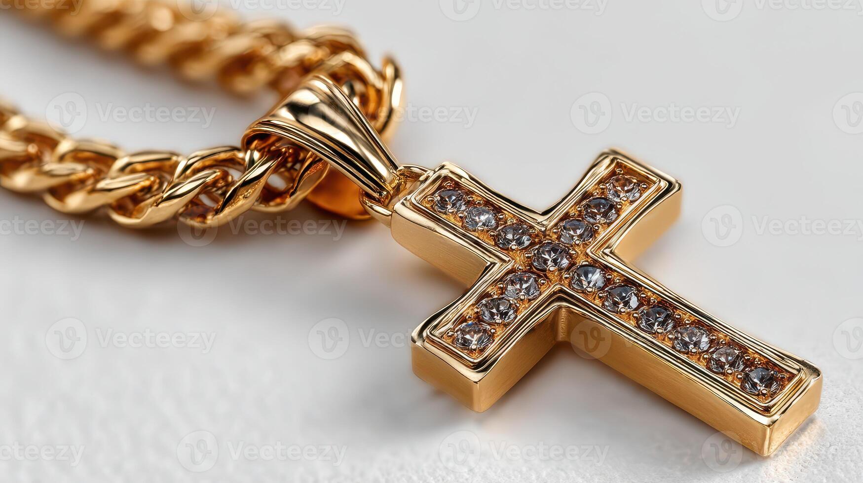 Gold cross pendant adorned with sparkling stones on a textured surface highlighting craftsmanship and elegance photo