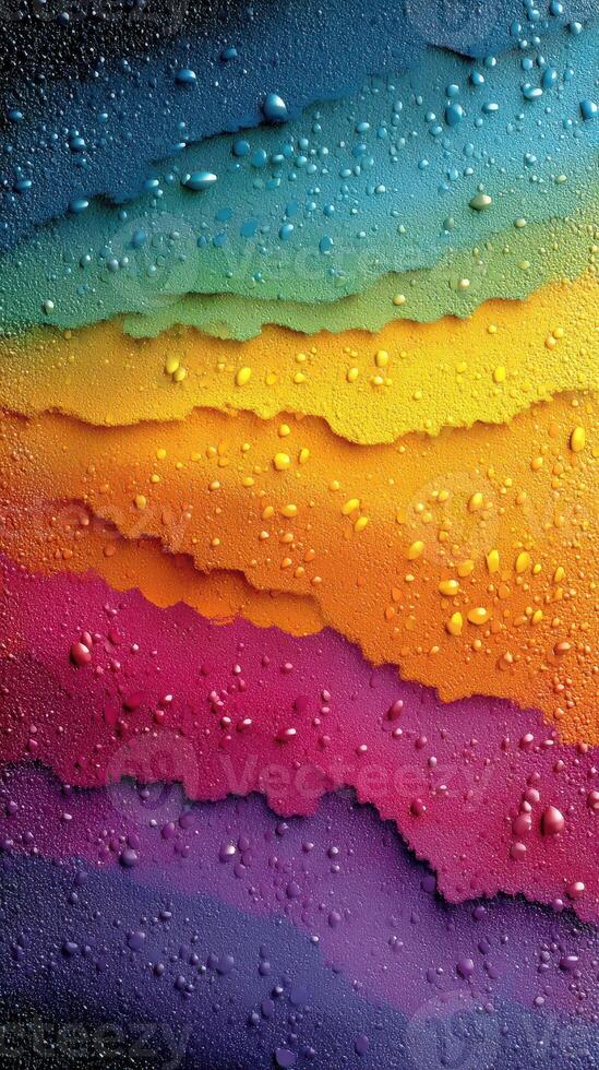 Colorful water droplets create a vibrant abstract pattern on a smooth surface in intense hues of blue, orange, and purple photo