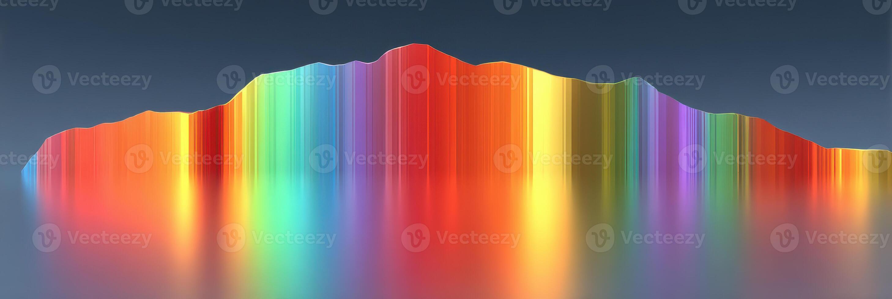 Vibrant rainbow spectrum reflecting on a smooth surface at sunrise over a mountainous horizon in a serene landscape photo