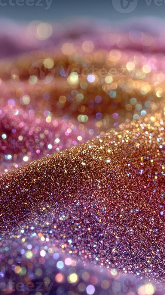 Shimmering glitter creates a mesmerizing texture in soft hues of purple and gold in ambient lighting photo
