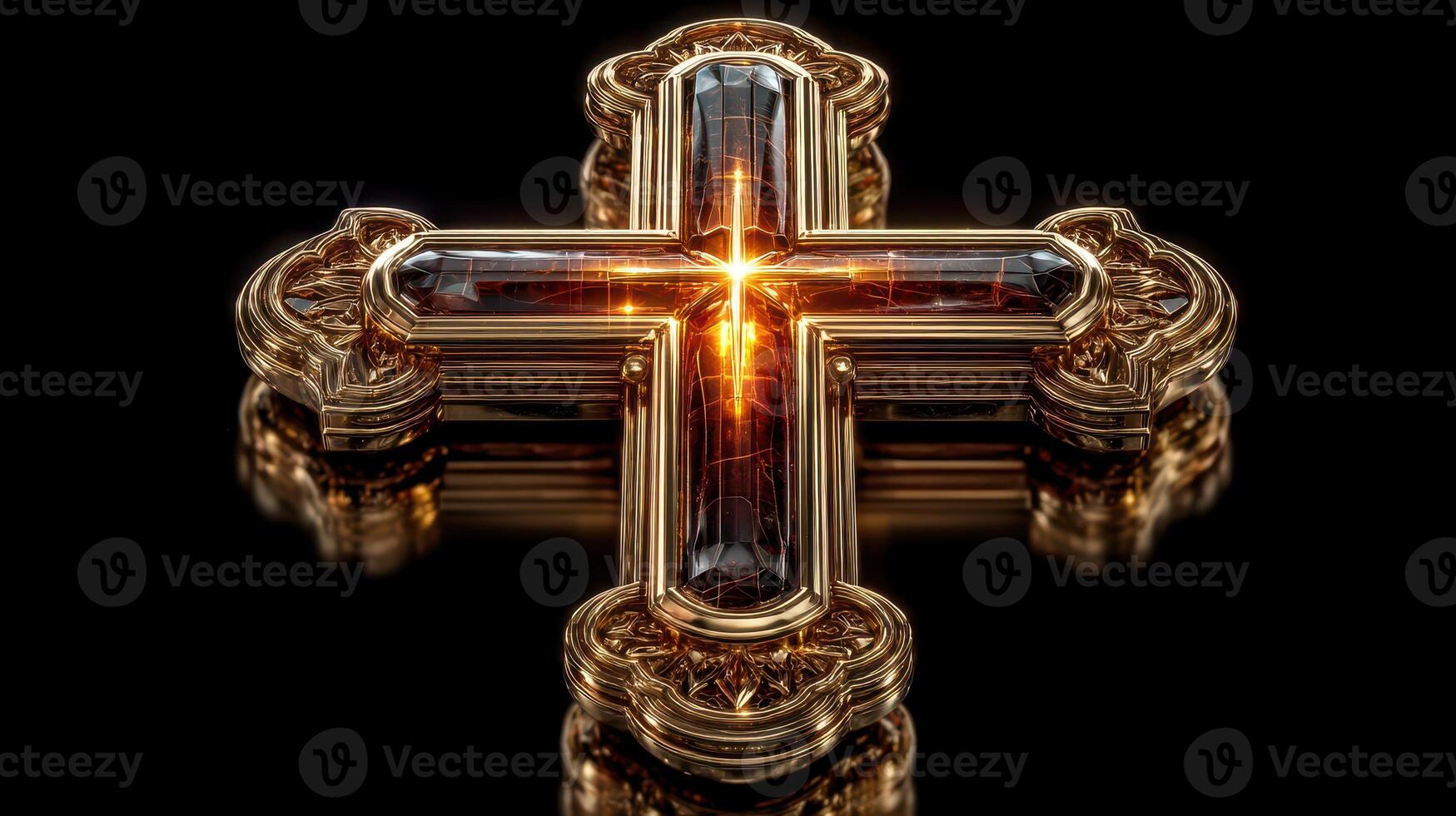 Golden ornate cross with gleaming gems showcased against a dark background photo