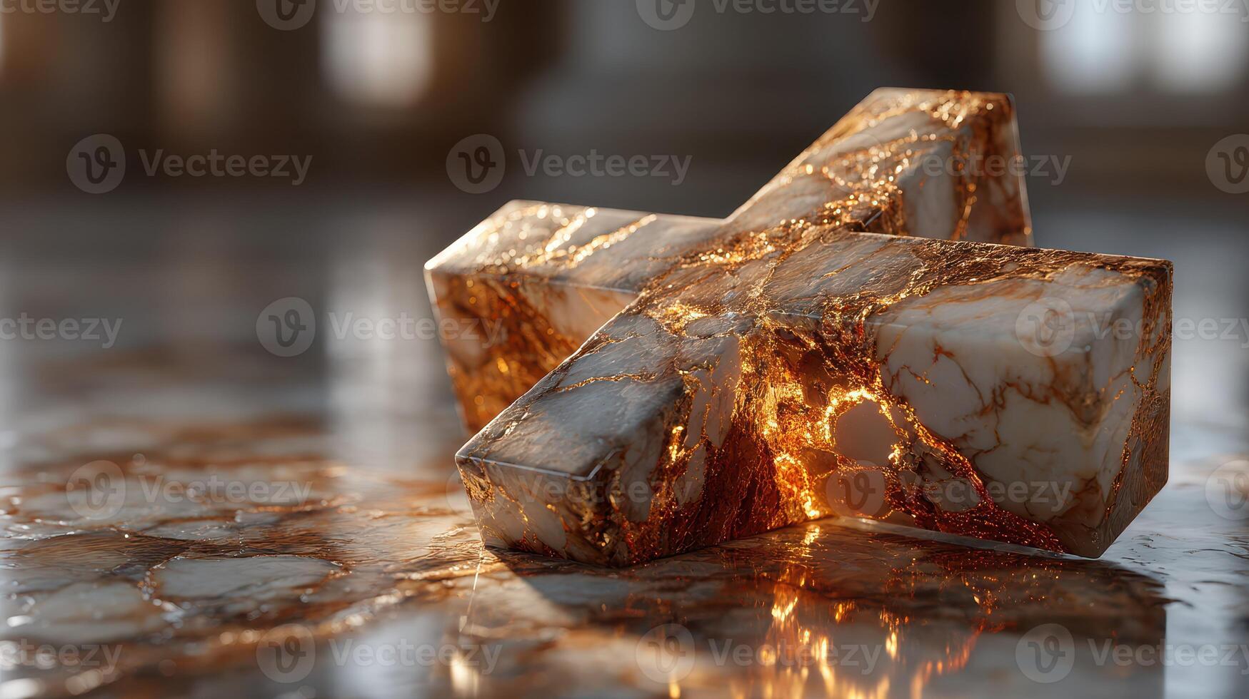 Intricate marble cross resting on an elegant floor with warm lighting showcasing its detailed texture and reflections photo